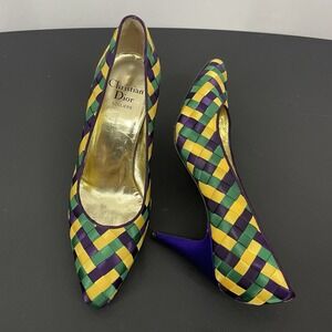 Christian DIOR Vintage Size 6.5 Woven Pumps Pointed Toe High Heels Green Yellow